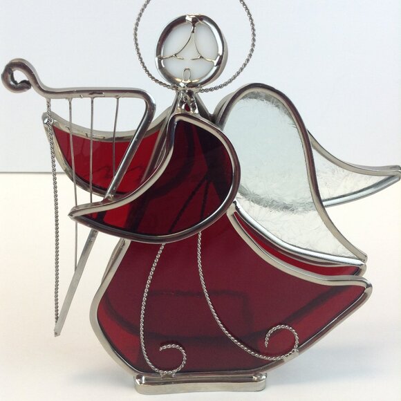 Vintage Red Stained Glass Harp Playing Angel Votive/Tealight Holder - Picture 2 of 16